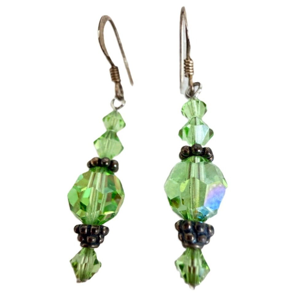925 STERLING SILVER HOOK GREEN CRYSTAL BEAD DANGLE EARRINGS